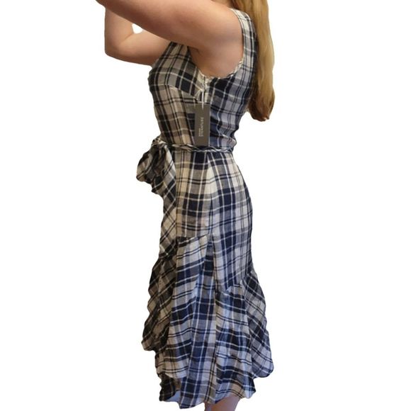 Nordstrom Signature Navy/White Plaid Faux Wrap Linen Dress Size 10 - Picture 10 of 11
